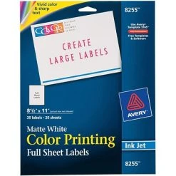 Avery Vibrant Color Printing Inkjet Shipping Labels, 8 1/2" X 11", White, 20 Labels/Pack (08255)