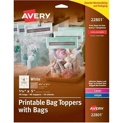 Labels Avery Printable Bag Toppers With Bags, 1-3/4" X 5", Pack Of 40 (22801) 3 Labels Avery Printable Bag Toppers With Bags, 1-3/4" X 5", Pack Of 40 (22801)