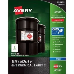 Avery UltraDuty GHS Chemical Labels For Pigment-Based Inkjet Printers, Waterproof, UV Resistant, 8-1/2" X 11", Box Of 50 (60521)