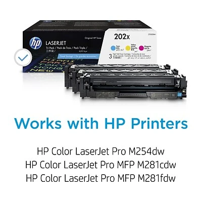 HP 202X Cyan/Magenta/Yellow High Yield Toner Cartridge, 3/Pack (CF500XM) 4 HP 202X Cyan/Magenta/Yellow High Yield Toner Cartridge, 3/Pack (CF500XM) - Image 2