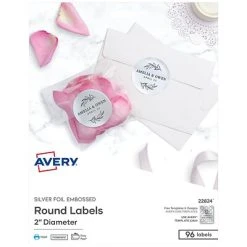 Avery Printable Embossed Foil Round Labels, 2" Diameter, Silver, 96 Customizable Labels/Pack (22824)