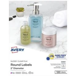 Avery Printable Laser/Inkjet Round Labels With Sure Feed, 2" Diameter, Glossy Clear, 120 Labels Per Pack (22825)