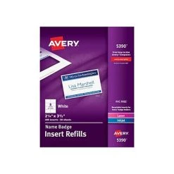 Avery® Name Tag Refills Avery Laser/Inkjet Insert Refills ID Cards, 2 1/4" X 3 1/2", White, 400 Cards Per Pack (5390)