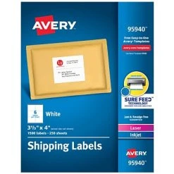 Avery Laser/InkJet Shipping Labels, Sure Feed Technology, Permanent Adhesive, 3-1/3" X 4", 1500 Labels Per Pack (95940)