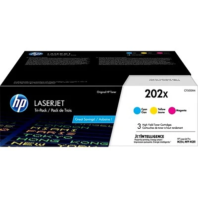 HP 202X Cyan/Magenta/Yellow High Yield Toner Cartridge, 3/Pack (CF500XM) 3 HP 202X Cyan/Magenta/Yellow High Yield Toner Cartridge, 3/Pack (CF500XM)